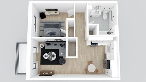 Floor plan for 1 bed, 1 bath, 636 sqft